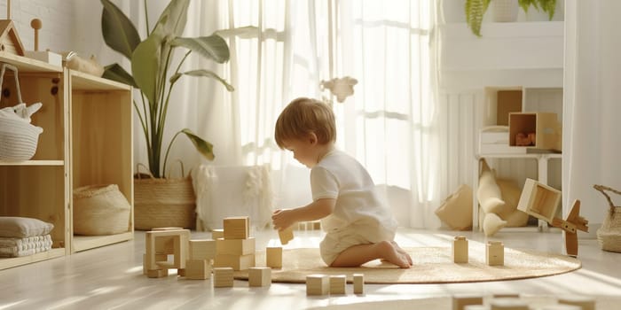 A young child is fully absorbed in building with wooden blocks, constructing their imagination in a sunlit room. The play area is a picture of innocence and concentration