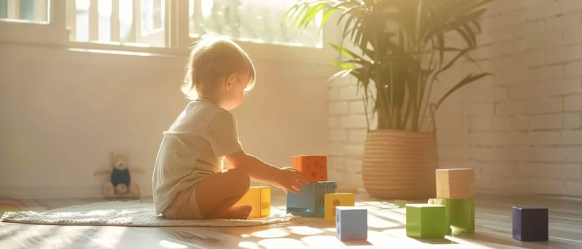Bathed in the glow of the morning sun, a toddler engages with colorful building blocks, creating a masterpiece of shapes and imagination. The room is a sanctuary of playful learning