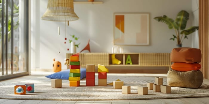 Sunlight streams into a modern playroom where a child quietly plays with wooden toys. The setting exudes calmness, with nature-inspired decor and a soothing color palette
