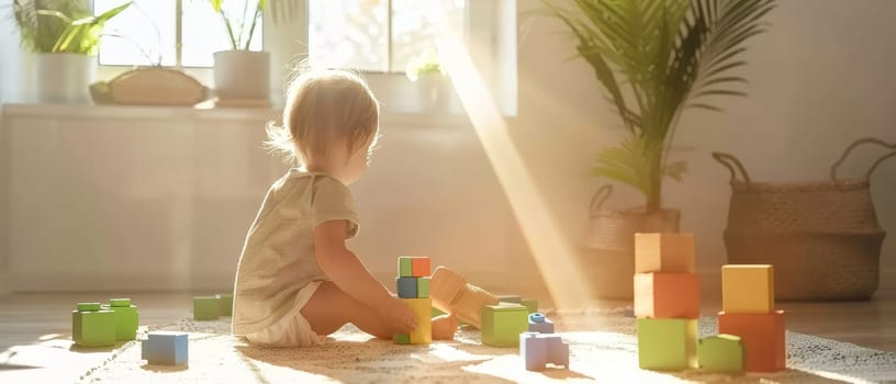 A toddler plays on the rug with colorful blocks, a sunbeam highlighting the moment. The room's plants cast a lively shadow, creating a vivid play of light and texture