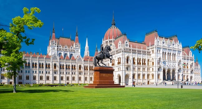Budapest, Hungary - 1 May 2024: II. Rakoczi Ferenc equestrian statue in front of the Hungarian Parliament Building