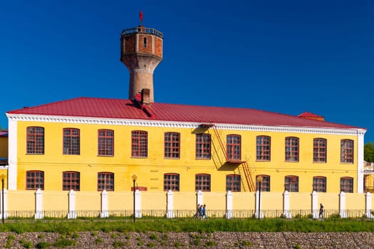 Ivanovo, Russia - 28 May 2024: Ya.N. Fokin's chintz-printed and cotton factory in Ivanovo. Embankment of the Uvod River. Golden Ring of Russia. High quality photo