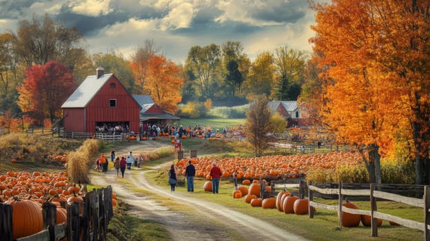 Families stroll along the dirt path, surrounded by vibrant fall foliage and a sea of pumpkins at the farm.