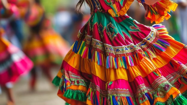 Dancers wearing vibrant, layered costumes showcase traditional movements at a lively cultural festival, surrounded by an enthusiastic crowd.