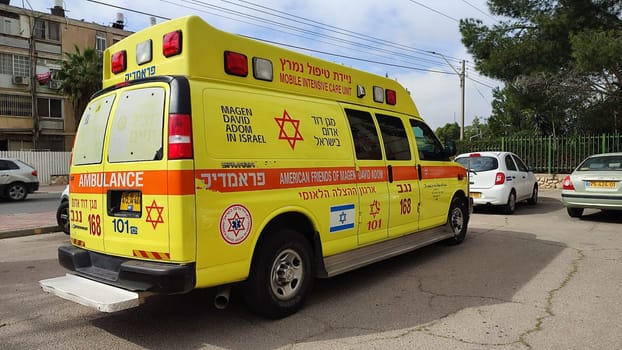 14 March 2023 Beer-Sheva Israel, ambulance on the street. High quality photo