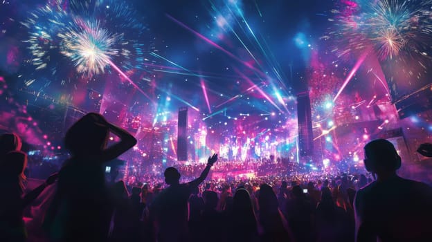 A large crowd enjoys a lively music festival under colorful lights and dazzling fireworks in the night sky.
