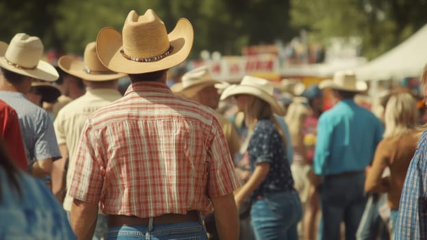A crowd of cowboys and cowgirls in western attire enjoys a vibrant local fair under sunny skies.