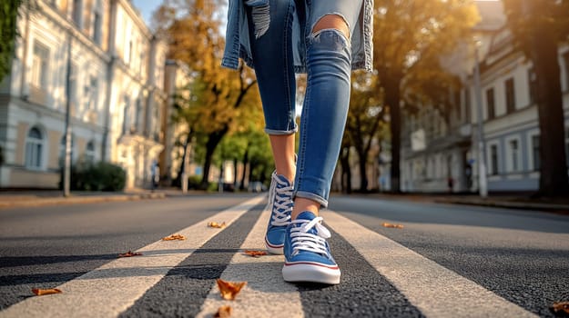 A woman walks on a crosswalk in a city street, wearing blue jeans and blue sneakers. The background is out of focus, showing buildings and trees - Generative AI