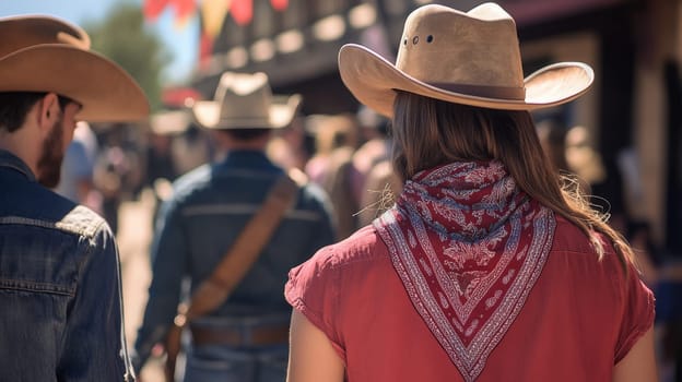 A man and a woman walk through a lively western town, surrounded by festival decorations and visitors enjoying the day.