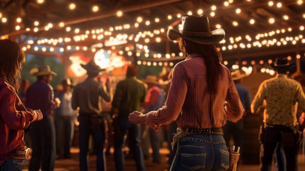 A vibrant gathering of cowboys and cowgirls dancing energetically under a canopy of bright lights at a country music event.