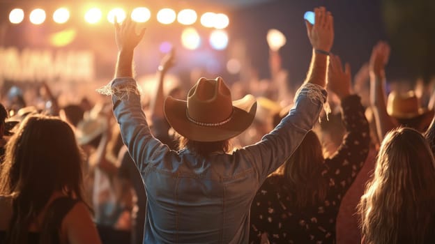 A large crowd gathers at an outdoor concert under the night sky, with attendees cheering and raising their hands in excitement.