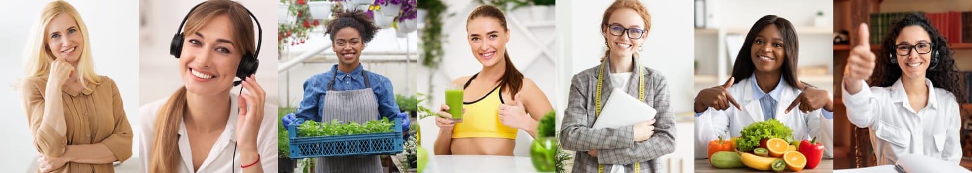 Six women of different ages are featured, each showcasing a healthy lifestyle choice. One woman holds a container of fresh greens, another holds a glass of green juice, another is wearing a sports bra