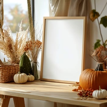 Signboard mockup with Halloween pumpkins decorations or template with copy space on exterior..