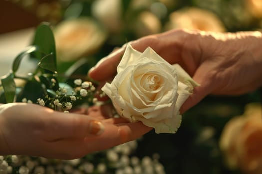 Hands Placing White Rose on Casket, Symbolizing Love, Loss, and Final Goodbye, Gentle Farewell.