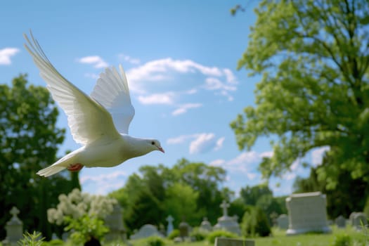 Symbol of Peace and Remembrance Soaring in Blue Sky Above Green Cemetery, Serene Dove of Hope.