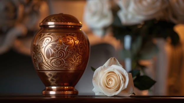 Ornate Urn on Mantelpiece with White Rose, Space for a Message on Honoring Loved One's Memory.