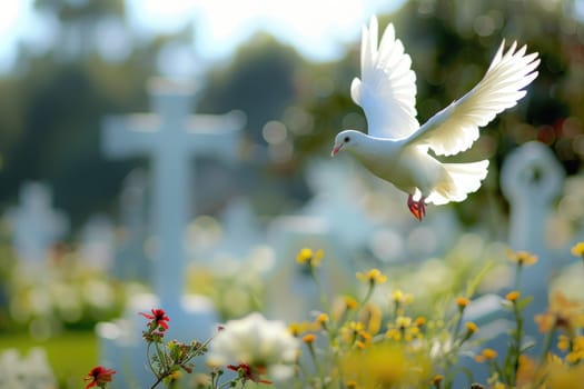 Symbol of Peace and Remembrance Soaring in Blue Sky Above Green Cemetery, Serene Dove of Hope.