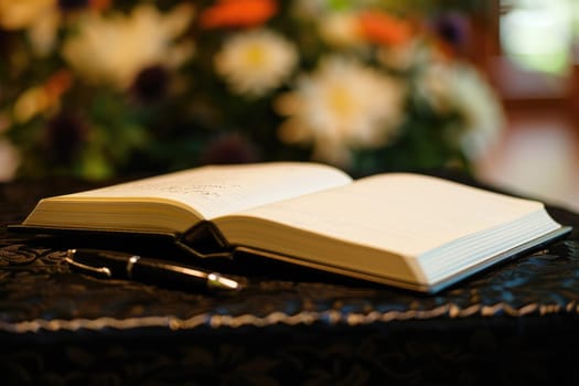 Elegant Guestbook for Condolences with Pen on Black Tablecloth at Funeral Service.
