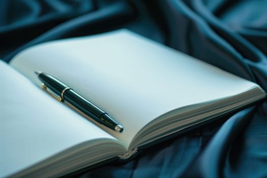 Elegant Guestbook for Condolences with Pen on Black Tablecloth at Funeral Service.