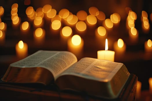 Open Bible on Podium with Candlelight, Providing Comfort in Times of Mourning, Illuminated Hope.