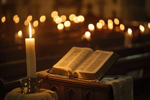 Open Bible on Podium with Candlelight, Providing Comfort in Times of Mourning, Illuminated Hope.