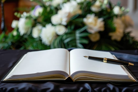 Elegant Guestbook for Condolences with Pen on Black Tablecloth at Funeral Service.