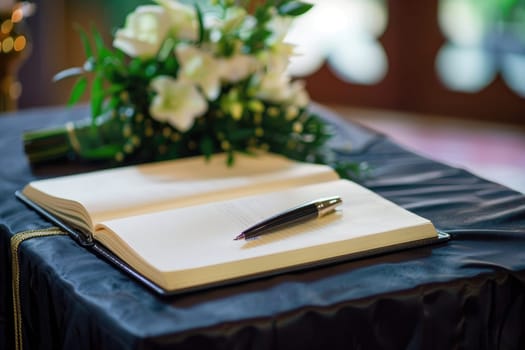 Elegant Guestbook for Condolences with Pen on Black Tablecloth at Funeral Service.