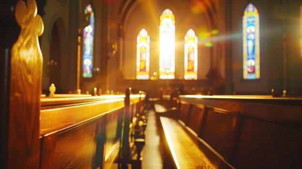 Serene Church Interior with Empty Wooden Pews for Funeral Services Advertisement.