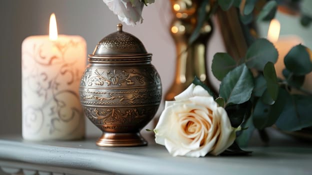 Ornate Urn on Mantelpiece with White Rose, Space for a Message on Honoring Loved One's Memory.