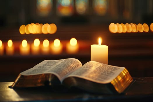 Open Bible on Podium with Candlelight, Providing Comfort in Times of Mourning, Illuminated Hope.