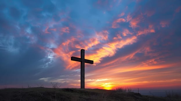 Wooden Cross Symbolizing Faith and Hope in the Glow of Sunset, Divine Silhouette.