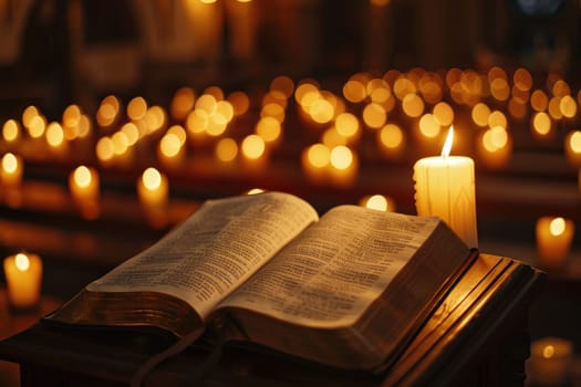 Open Bible on Podium with Candlelight, Providing Comfort in Times of Mourning, Illuminated Hope.