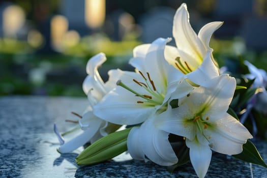 White Lilies on Polished Tombstone with Copy Space for Compassionate Message, Serene Remembrance.