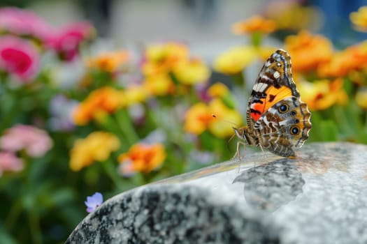 Butterfly on Headstone with Fresh Flowers Symbolizing Hope and Endurance, Tranquil Transformation.