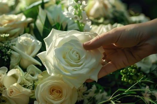 Hands Placing White Rose on Casket, Symbolizing Love, Loss, and Final Goodbye, Gentle Farewell.
