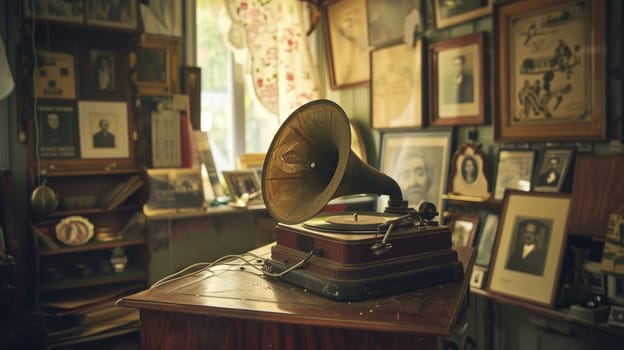 Nostalgic Vibes of a Well-Lived Past - Vintage Gramophone with Vinyl Record and Mementos on Table.
