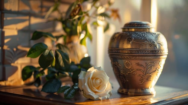 Ornate Urn on Mantelpiece with White Rose, Space for a Message on Honoring Loved One's Memory.