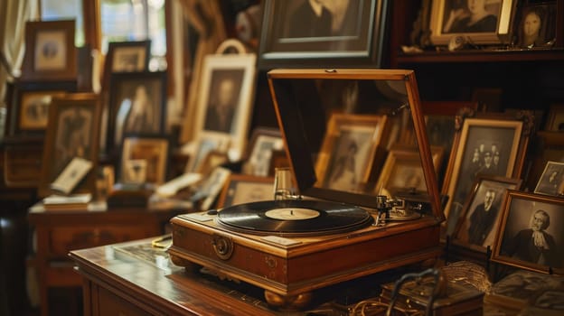 Nostalgic Vibes of a Well-Lived Past - Vintage Gramophone with Vinyl Record and Mementos on Table.
