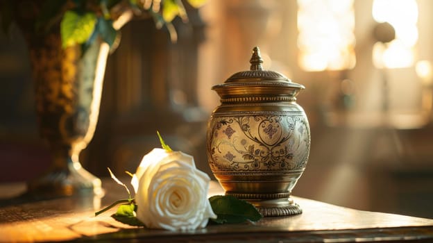 Ornate Urn on Mantelpiece with White Rose, Space for a Message on Honoring Loved One's Memory.