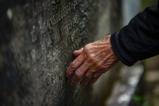Hand Touching Engraved Headstone, Symbol of Time and Remembrance, Contemplating Memories.