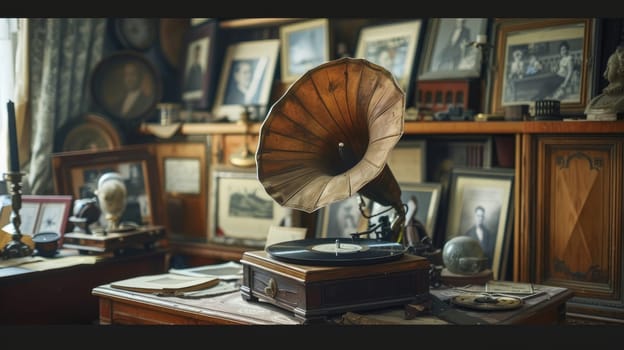 Nostalgic Vibes of a Well-Lived Past - Vintage Gramophone with Vinyl Record and Mementos on Table.