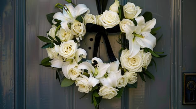 Heart-shaped Wreath of White Lilies and Roses on Chapel Door with Black Ribbon, Eternal Love and Memory.