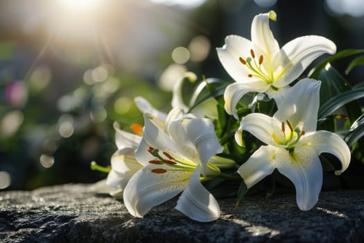 White Lilies on Polished Tombstone with Copy Space for Compassionate Message, Serene Remembrance.