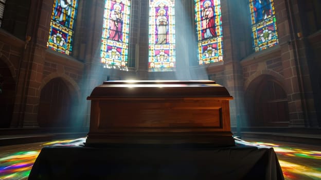 Tranquil Funeral Setting with Wooden Casket in Empty Church - Copy Space for Messages on Funeral Arrangements.