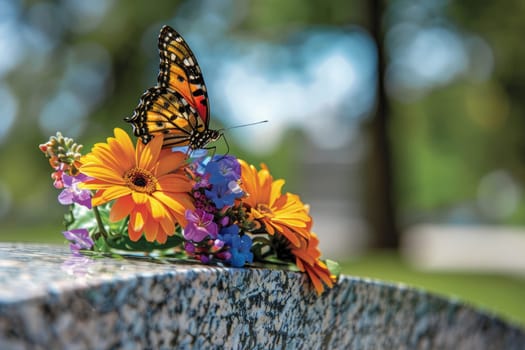 Butterfly on Headstone with Fresh Flowers Symbolizing Hope and Endurance, Tranquil Transformation.