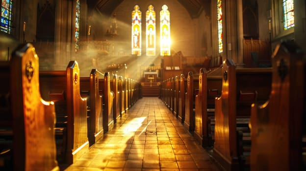 Serene Church Interior with Empty Wooden Pews for Funeral Services Advertisement.