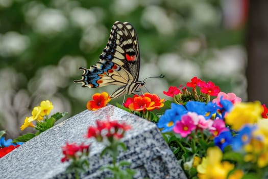 Butterfly on Headstone with Fresh Flowers Symbolizing Hope and Endurance, Tranquil Transformation.