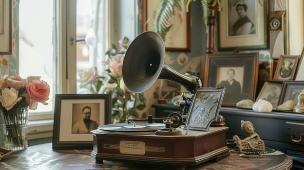 Nostalgic Vibes of a Well-Lived Past - Vintage Gramophone with Vinyl Record and Mementos on Table.