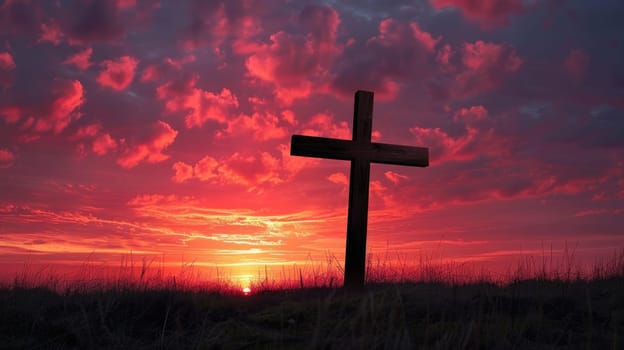 Wooden Cross Symbolizing Faith and Hope in the Glow of Sunset, Divine Silhouette.