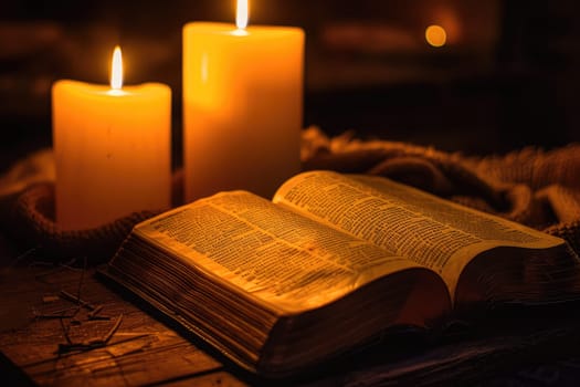 Open Bible on Podium with Candlelight, Providing Comfort in Times of Mourning, Illuminated Hope.